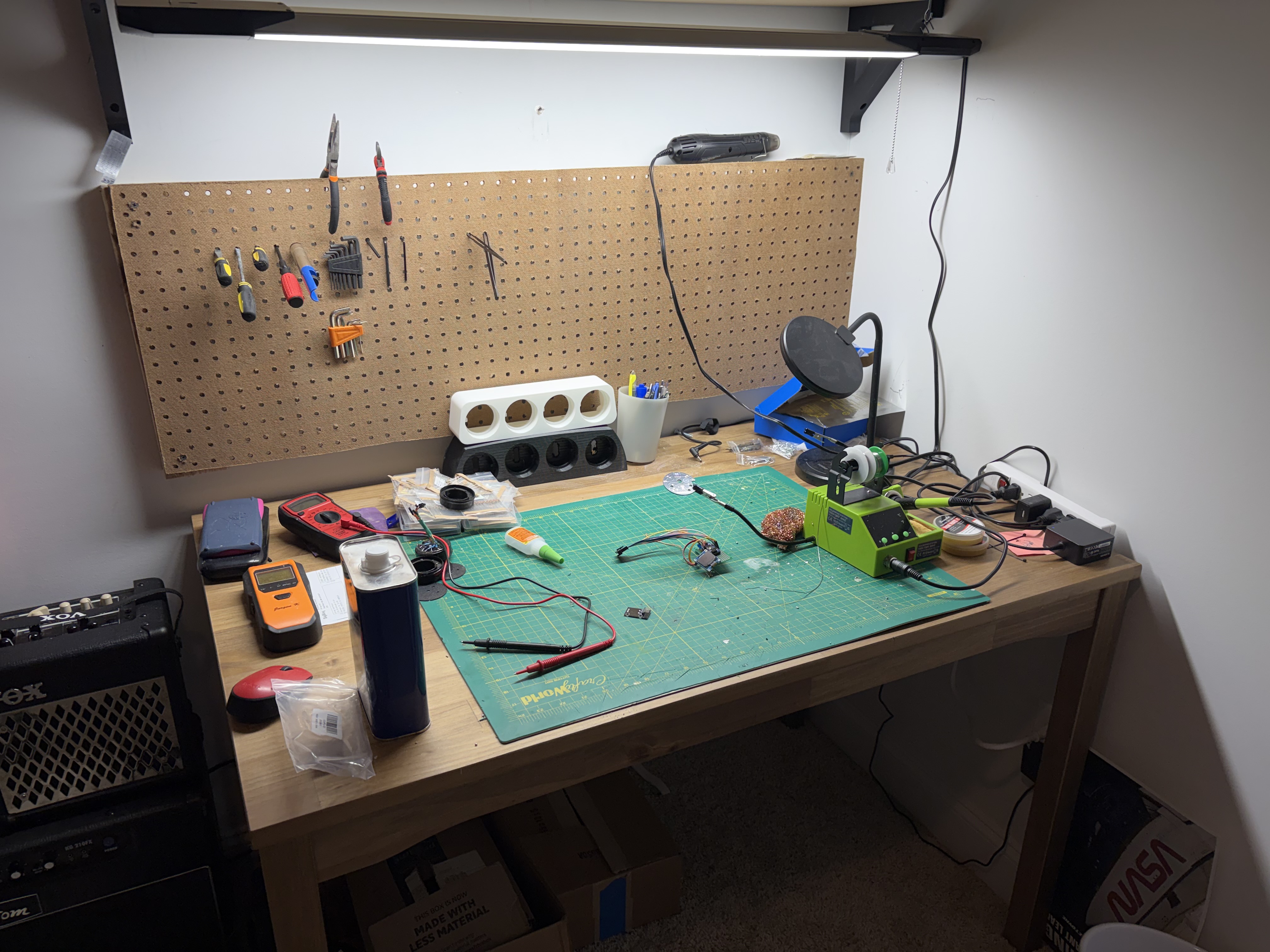 My indoor workshop desk used for soldering, electronics assembly, and project fabrication